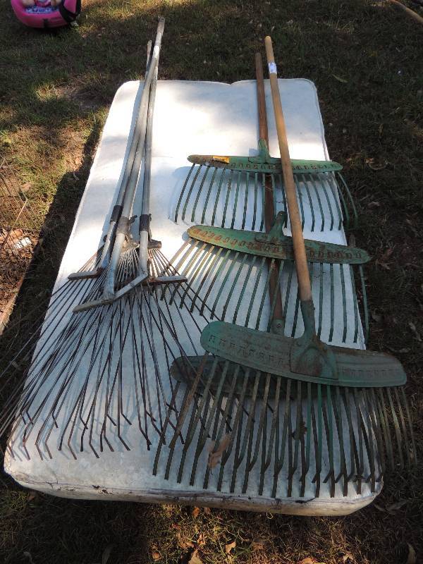 lot 654 image: Lawn Rakes x 6,  4 with handles