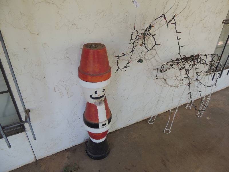 lot 665 image: Santa made from clay pots  38H and wire reindeer