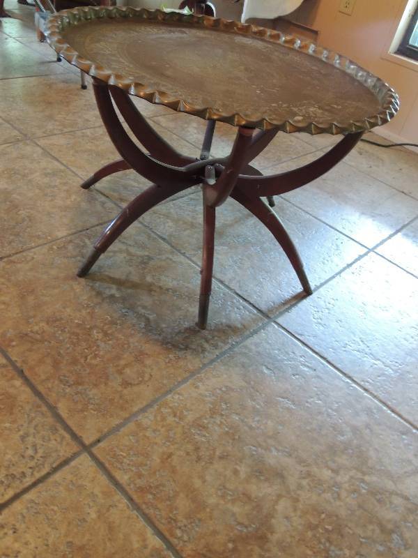 lot 374 image: Turkish brass tray on wooden folding stand