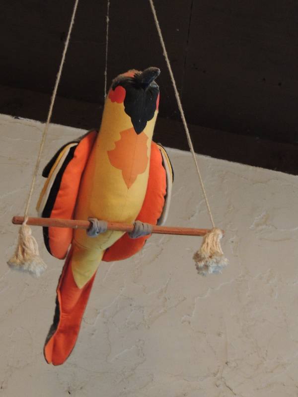 lot 523 image: Hanging cloth birds Parrot x 2,  Stork,  Pink Cockatiel   18-30 length