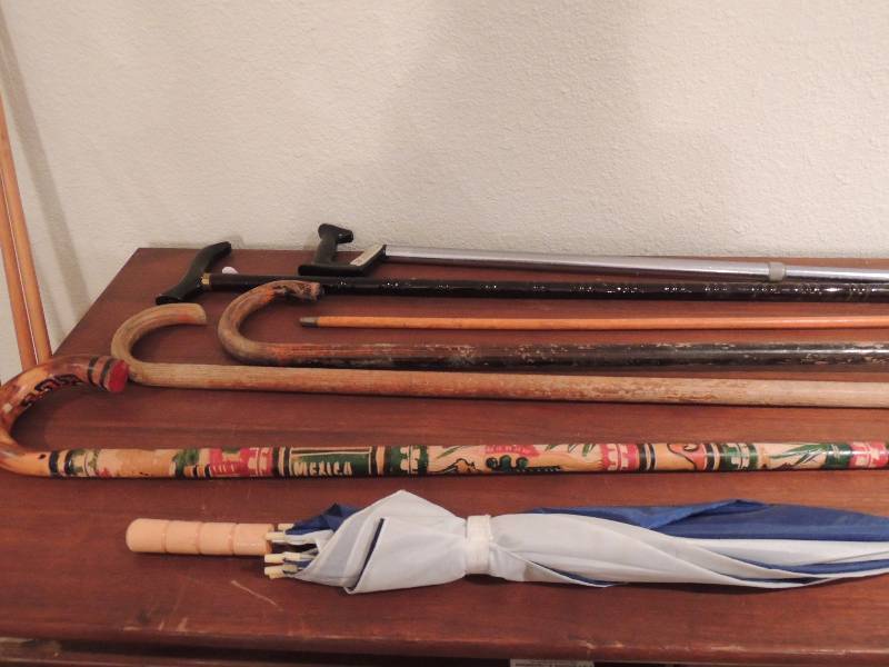 lot 220 image: carved canes, crook canes, umbrellas,, storage basket