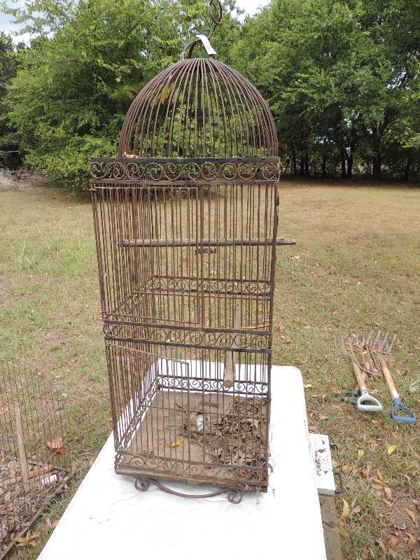 lot 411 image: ANTIQUE  BIRD CAGE - VERY NICE - 48 H X 17 X 17 - has hole in bottom of tray,  Small CAGE - 23 X 18 X18 -NO BOTTOM- WOULD MAKE A REALLY NICE LIGHT FIXTURE