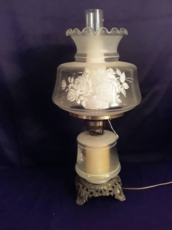 lot 102 image: Kerosene lantern with glass globe and chimney converted to electricity