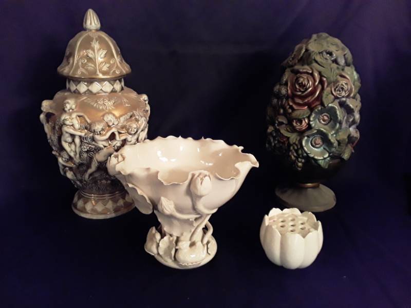 lot 99 image: Flower bowl with floral frog, gold urn covered with Angels 15, Decorative floral ceramic centerpiece