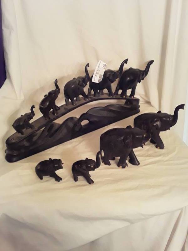 lot 106 image: Elephant train with 5 elephants on 14 structure and 4 other elephants in iron wood
