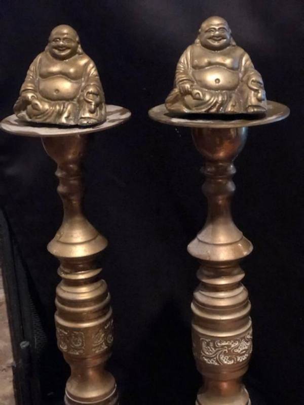 lot 221 image: Fire place accessories, tools, set of Brass Buddha end irons, bellows, screen and woven coal scuttle