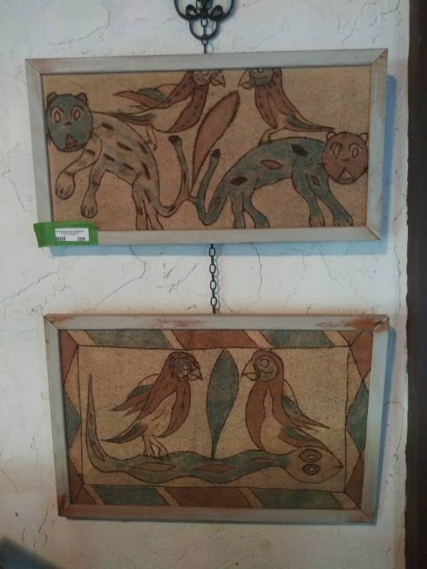 lot 398 image: 2 South American Art  pieces originals. MeshBurlap 1 of birds and 1 of cat (Gatto)