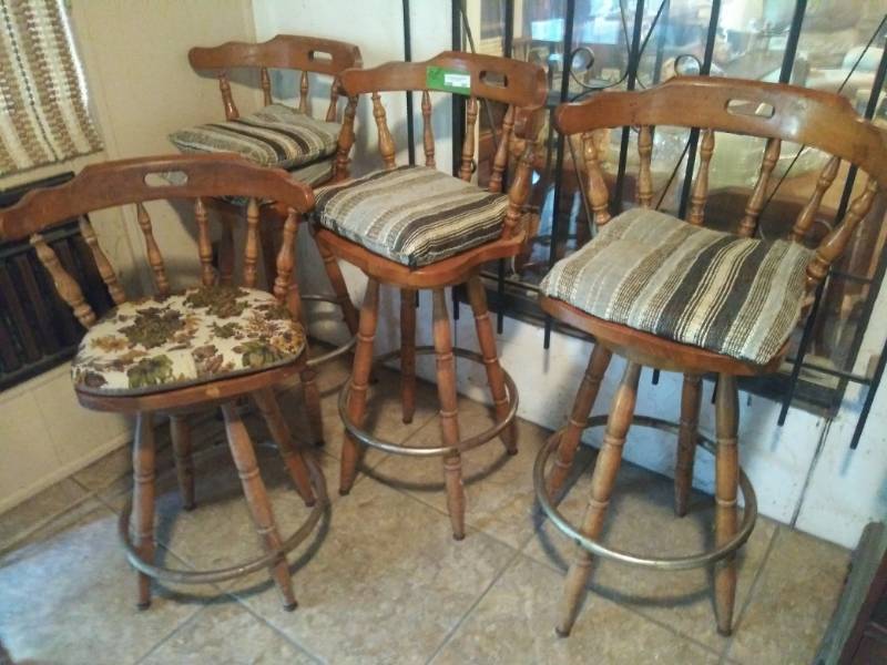 lot 397 image: Bar Stools- Wood with seat cushions - Maple - 3 are - 43 H  AND  1 IS 37