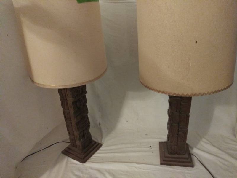 lot 406 image: 2 Matching Mayan carved lamps with shades  34H