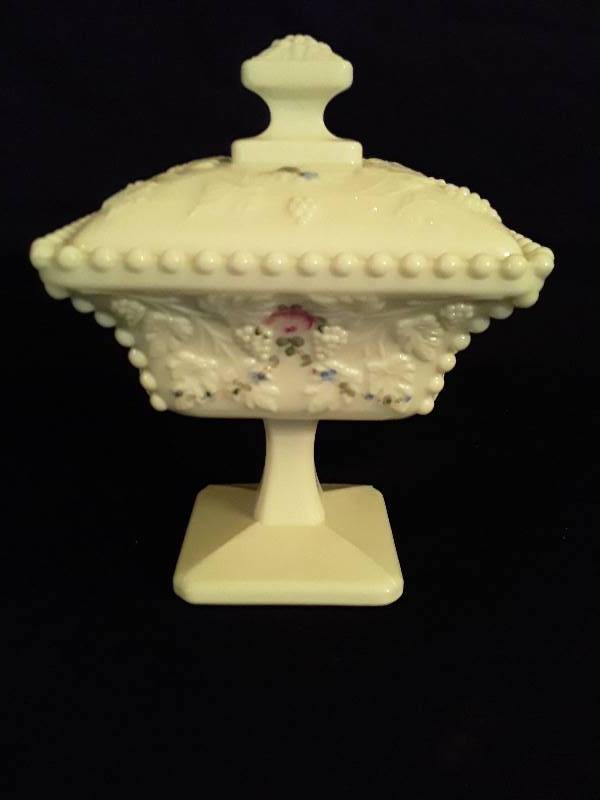 lot 9 image: Fenton Covered candy dish 7 tall and 5 diameter
