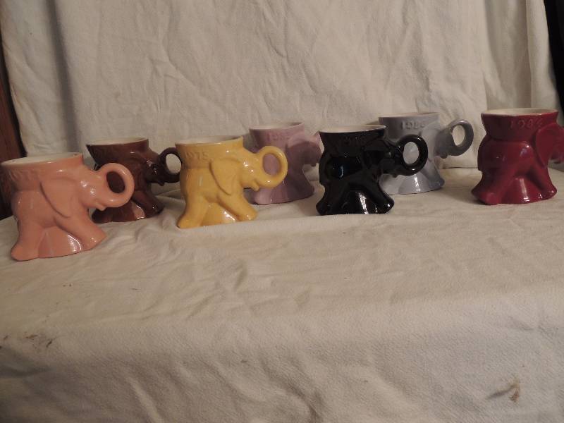 lot 84 image: Frankoma GOP mugs (elephants) 1984, 1986, 1988, 1983, 1977, 1972 and 1975