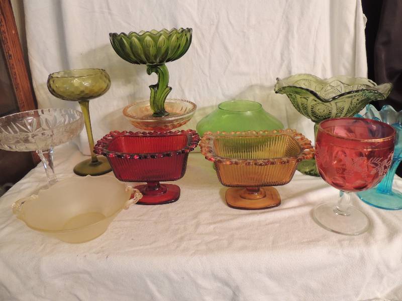 lot 127 image: 9 Amber Pedestal bowl and 6 green. Blue and clear candy dishes