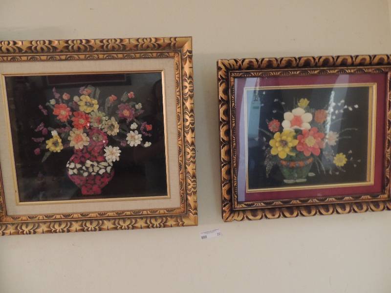 lot 22 image: Two framed pictures of stone floral art. One is 21x24 and one 19x23