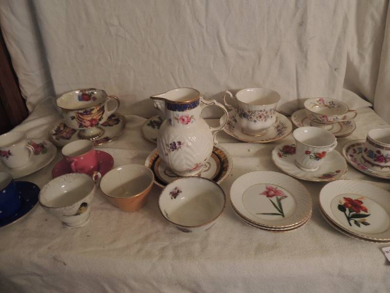 lot 675 image: Cups by Winifred and Pargon- 4 teacups and 5 Demitasse with saucers & 7 saucers Floral -PANAMA,  CAUGHLEY JUG BY COALPORT