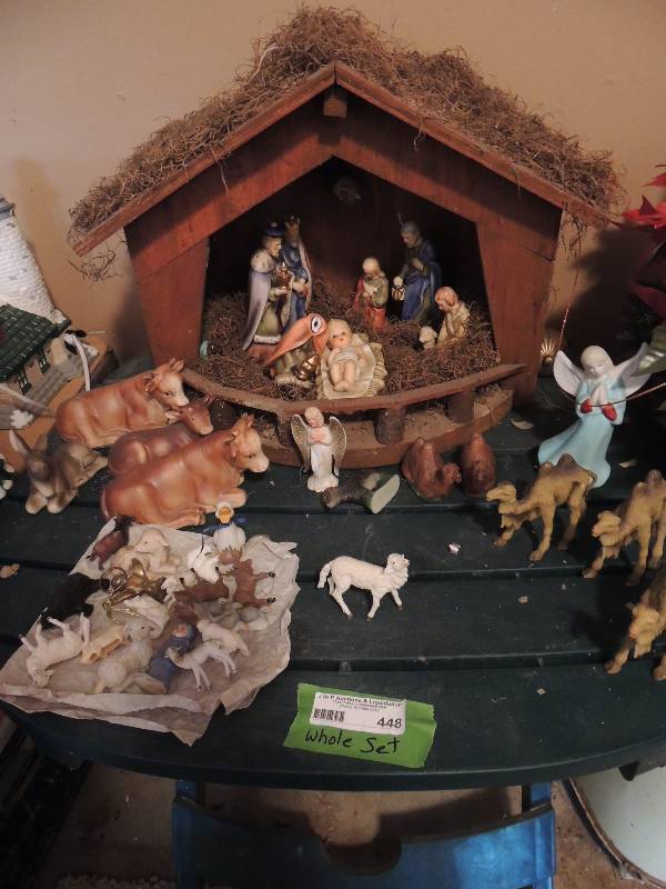 lot 448 image: Nativity - Stable 20 wide 14 tall 18 deep Jesus,2 wise men shepherd , Mary, Joseph, cows x 3, donkey, camels x 5 and several smaller animals