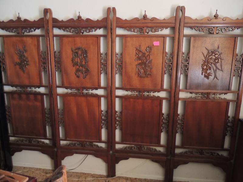 lot 678 image: WALLROOM SCREEN  CARVED - FLOWERS 4 PANELS EACH WITH DIFFERENT FLOWER  70 X 96