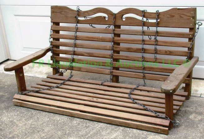 lot 25 image: Wood swing patio bench with chains