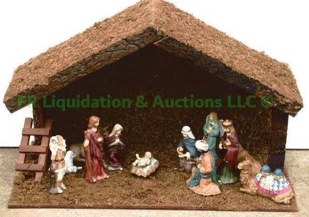lot 65 image: Ceramic and wood manger scene