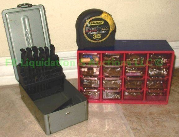 lot 187 image: Drill bit set, mini hardware drawer storage with hardware and tape measure