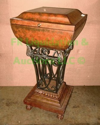 lot 19 image: Pedestal storage stand with hinged lid top box, metal support and wood base, 36 x 17 x 17