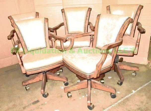 lot 53 image: Bonded leather wood frame matching castor chairs, 5 total