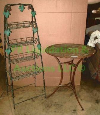 lot 118 image: Metal plant shelf and rustic patio table