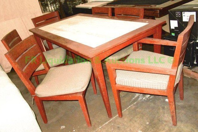 lot 108 image: Marble top (Cracked) Dining table & chair set, 7 pieces total, 70 x 37 x 30