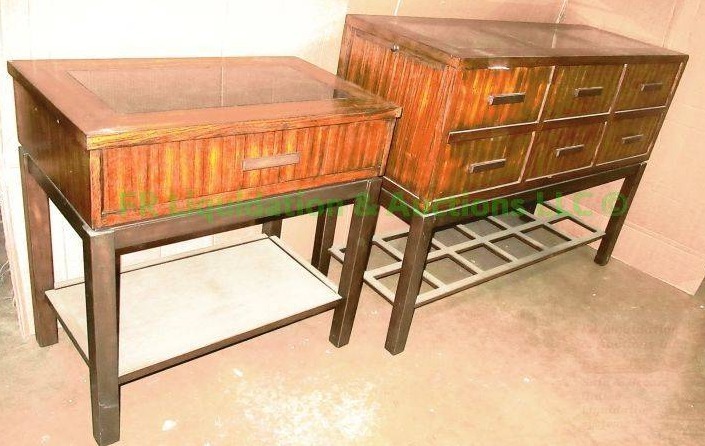 lot 144 image: Ribbon striped Mahogany buffet server table and matching microwave table with inlayed marble tops