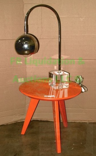 lot 164 image: Loll Design modern outdoor patio table 18 x 16 and unique reading lamp 22 tall