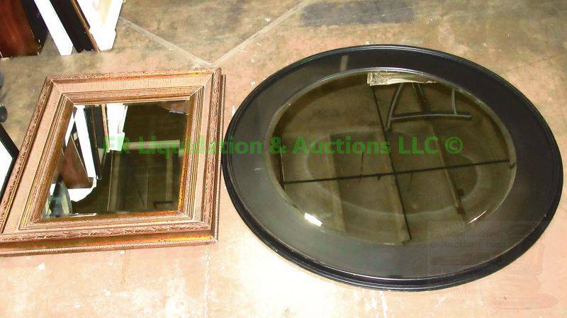 lot 172 image: Framed wall mirrors as shown, 39 round, 28 x 24 rectangle
