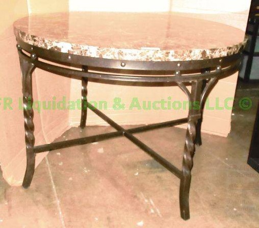 lot 171 image: Marble top wood base occasional table, 44 wide x 31 tall