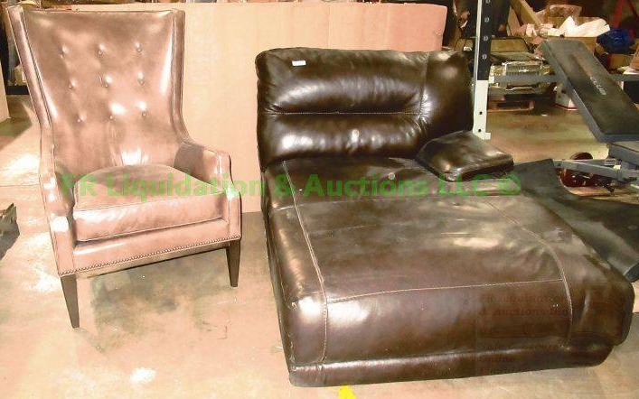 lot 243 image: Ashley furniture leather chaise lounge and a leather wing back chair