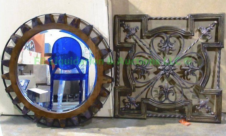 lot 267 image: Modern gear type wall mirror and wall decor, each approx. 30 wide