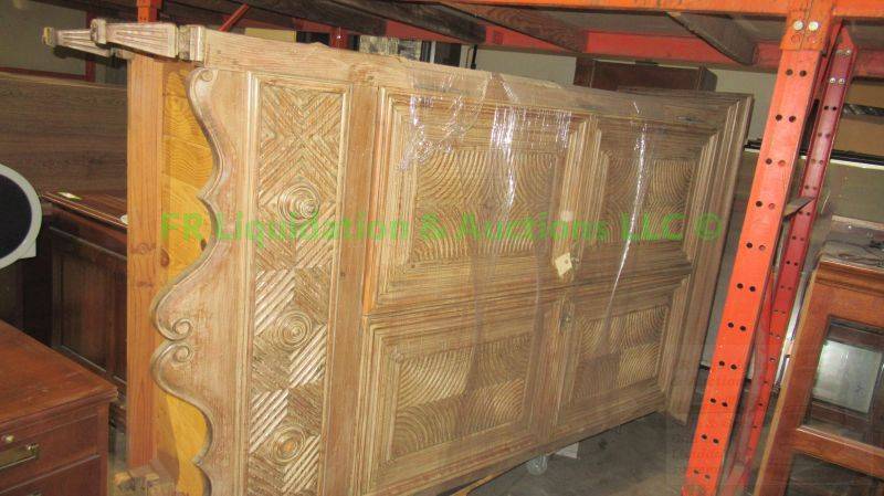 lot 366 image: Antique style knotted pine storage armoire, one leg needs repaired, 96 x 59 x 26