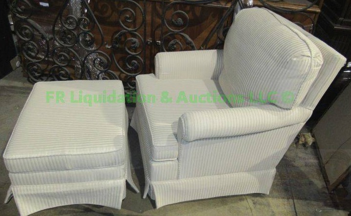 lot 341 image: Matching pin strip arm chair and ottoman