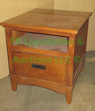 lot 382 image: Oak wood night stand with electrical accessory tray, 25 x 24 x 26