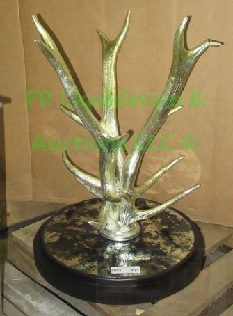 lot 433 image: Gold toned deer antlers on pedestal, some tips broken, 24 tall