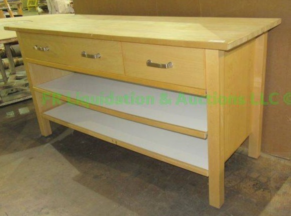 lot 445 image: Side table buffett solid wood and laminate lined with butcher block top, 69 x 26 x 36