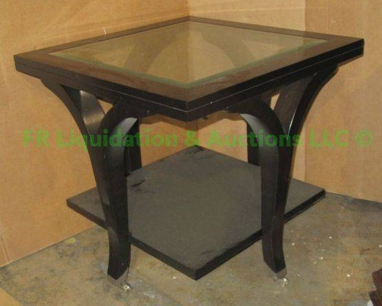 lot 454 image: Modern style glass top wood base occasional table, 26 x 26 x 24