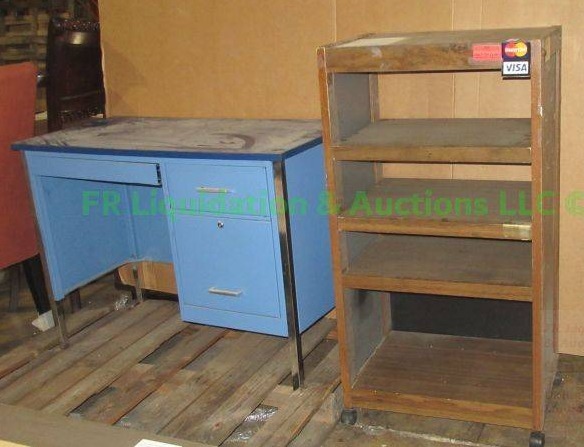 lot 465 image: Metal student desk 40 x 20 x 28 and printer cart 44 x 23 x 12