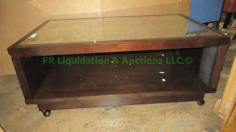 lot 466 image: Modern wood framed mirror top & sides rolling coffee table, 48 x 28 x 20