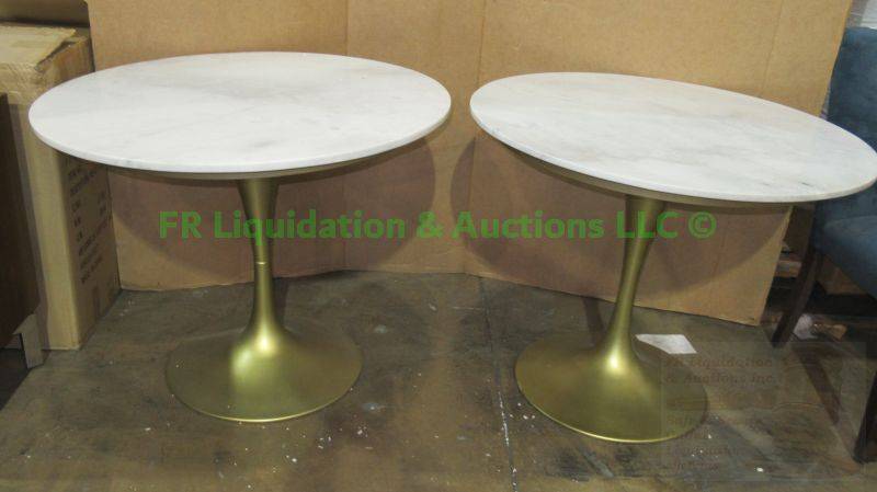 lot 502 image: Travertine marble top metal base patio accent tables, 29 tall x 36 wide each, 2 count