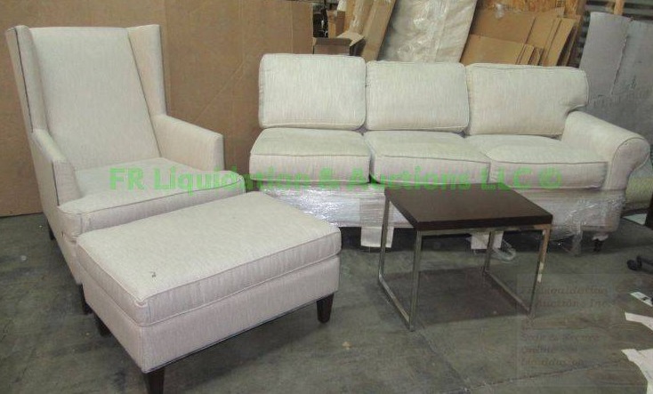 lot 563 image: Quality & Company wing back arm chair with matching ottoman couch and accent table