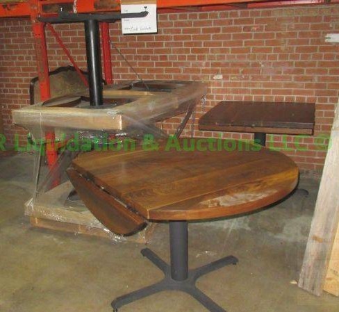 lot 574 image: Butcher block finished top, metal base, drop leaf restaurant tables, 5 total