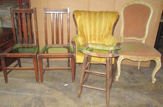 lot 600 image: Vintage chairs including rolled back arm chair plus
