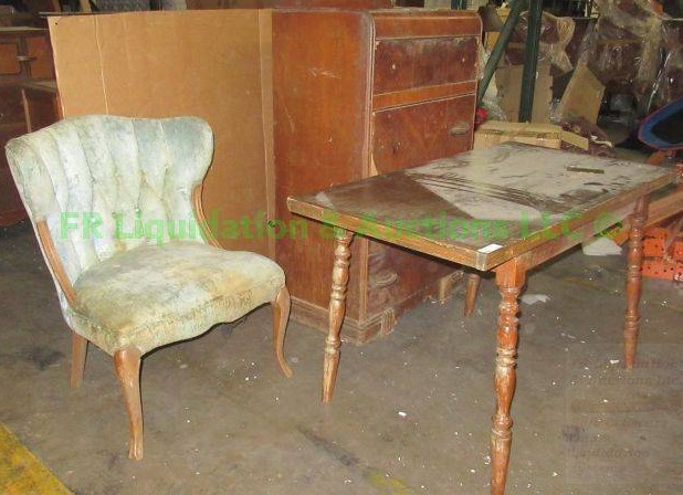 lot 608 image: Antique waterfall edge chest of drawers & wing back chair & table