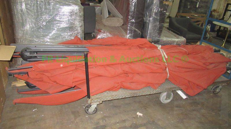 lot 624 image: Large patio table umbrellas, 114 tall, 3 total. Cart not included