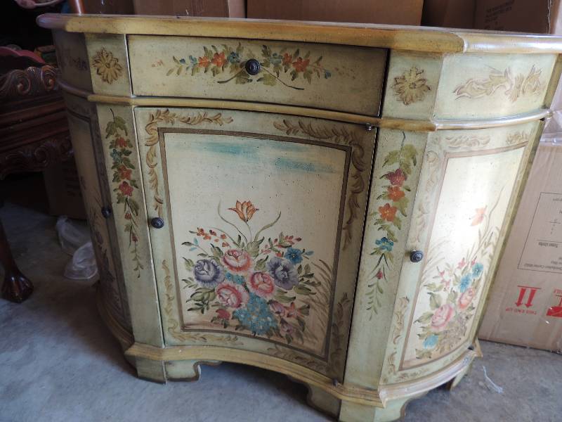 lot 712 image: ENTRY HALL SOFA CABINET - ALMOND COLOR WITH FLORAL MOTIF,  has 3 cabinets& 1 drawer, 44 long 13 deep 33 tall - Very Nice Piece