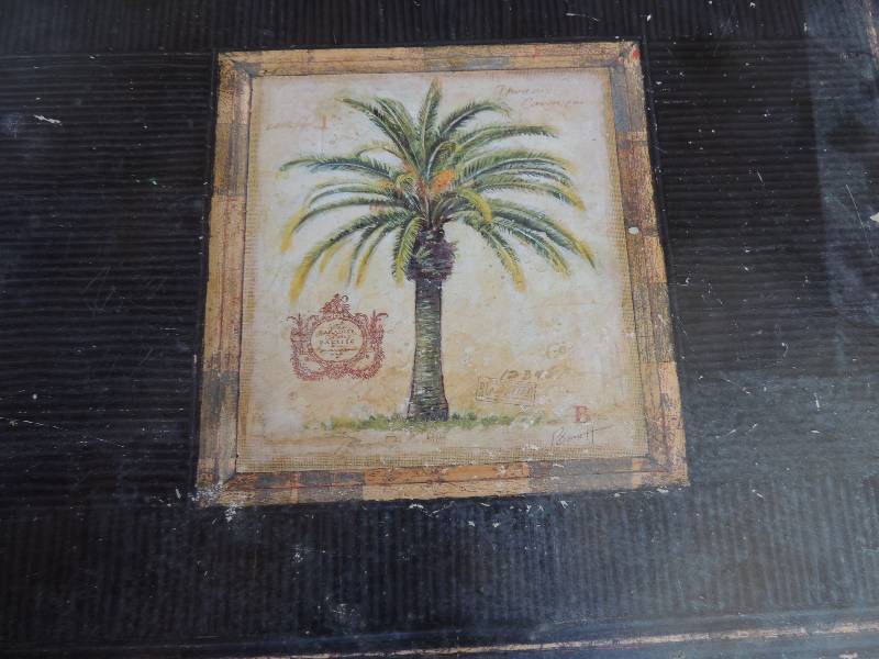 lot 716 image: 2 light brown wood TV trays and 1 black Paradise of the Pacific TV tray