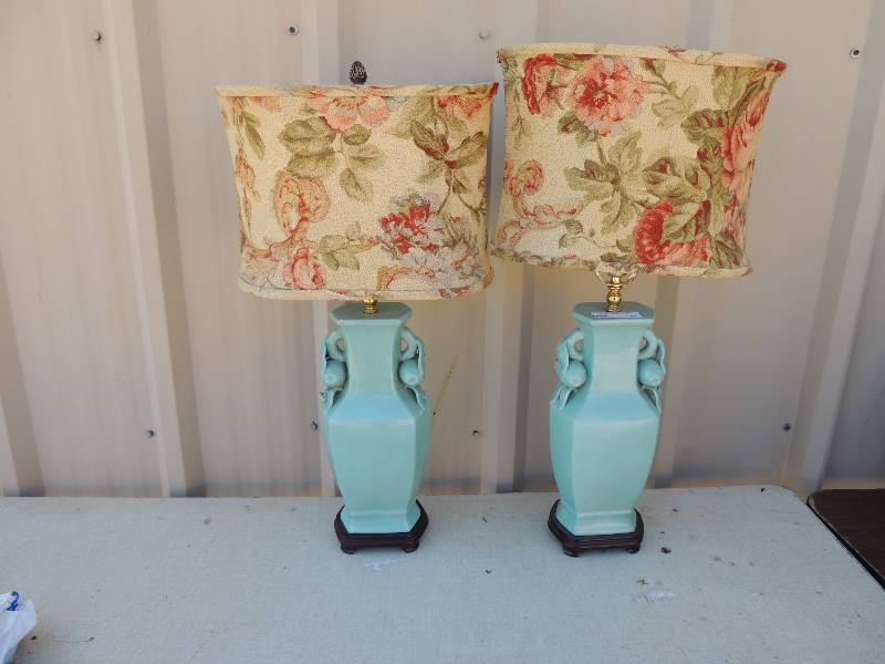 lot 720 image: 2 Turquoise Ceramic lamps - Apples & Rose  Motif with Floral pattern Shades ,brown bottoms